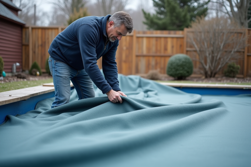 Homme déployant une couverture d'hiver sur une piscine extérieure