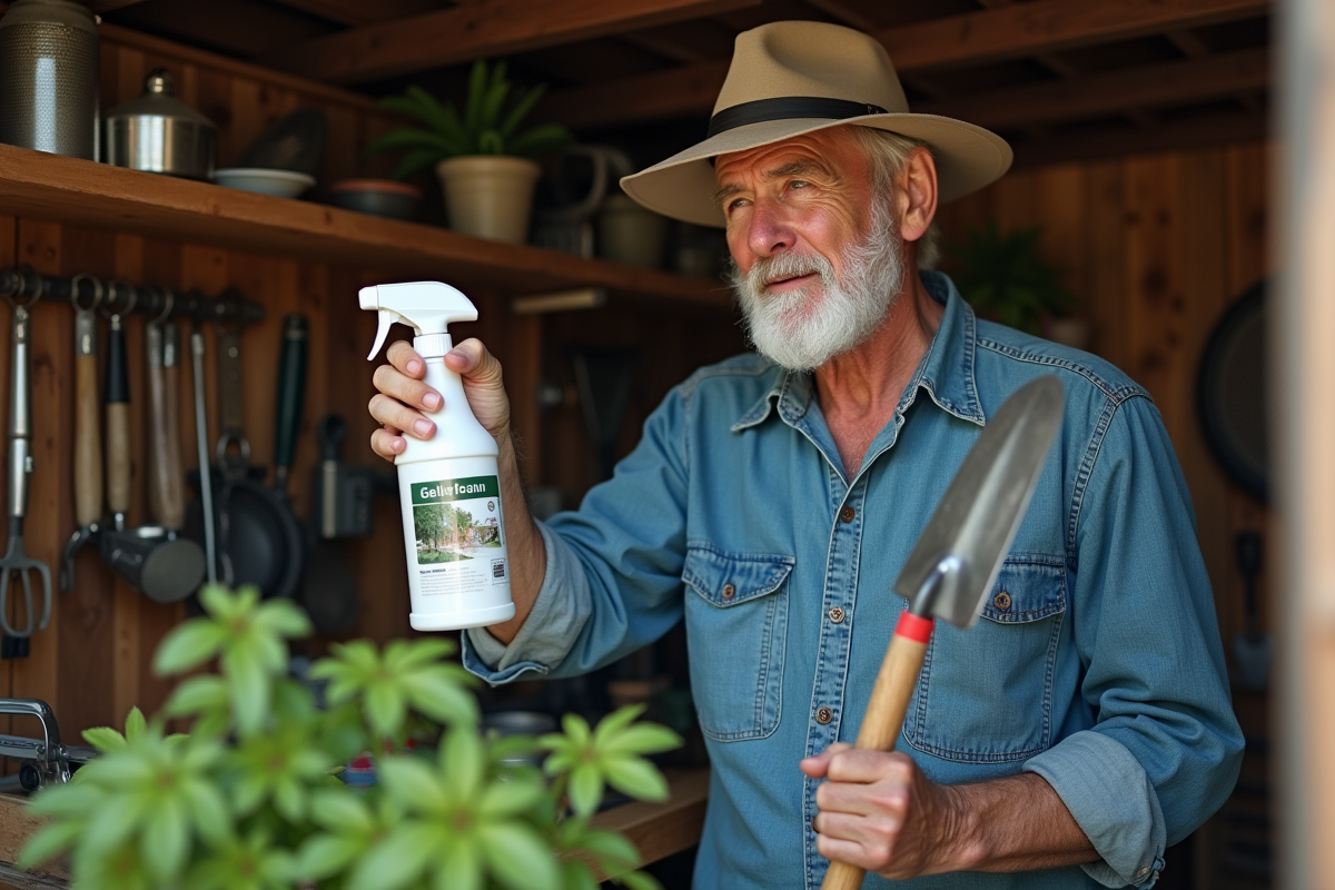 Homme désinfectant un outil de jardinage dans son atelier