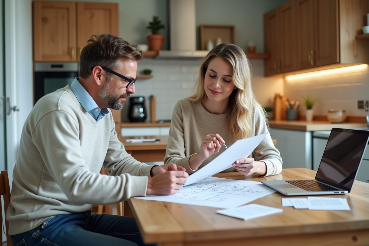 Homme et architecte discutant plan renovation cuisine à la maison
