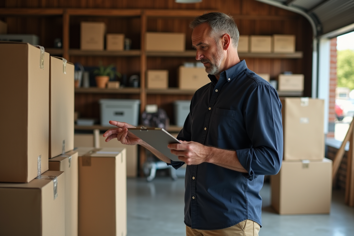Homme vérifie des cartons dans un garage organisé