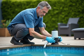 Homme en polo bleu connectant un chauffage de piscine extérieur