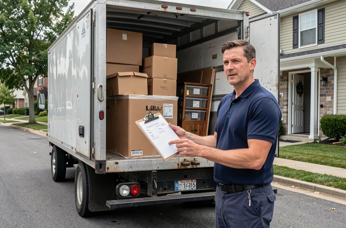 Homme avec un presse-papiers estimant le volume de chargement d'un camion de déménagement devant une maison