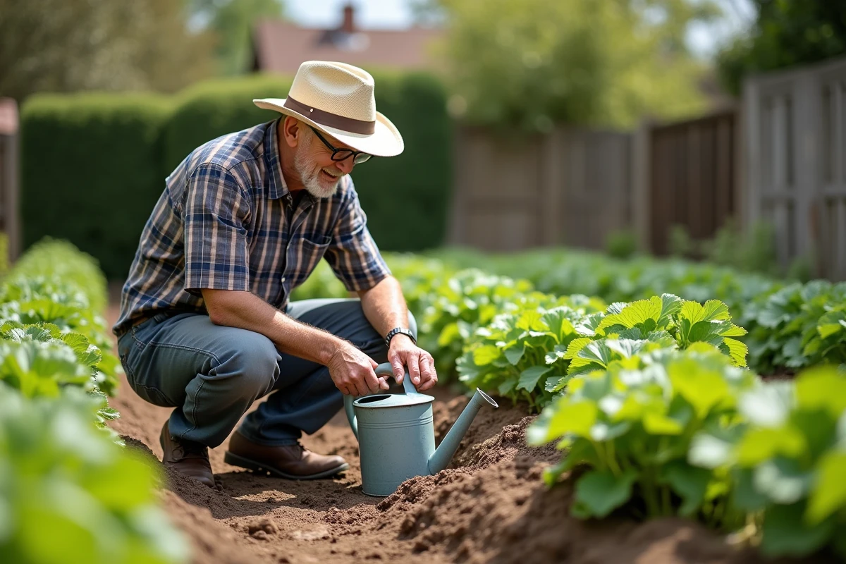 Homme âgé dans son jardin avec arrosoir et bicarbonate