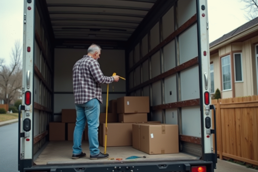 Homme mesurant l'espace de chargement d'un camion