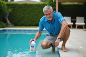Homme avec chlore de piscine près d'une piscine propre