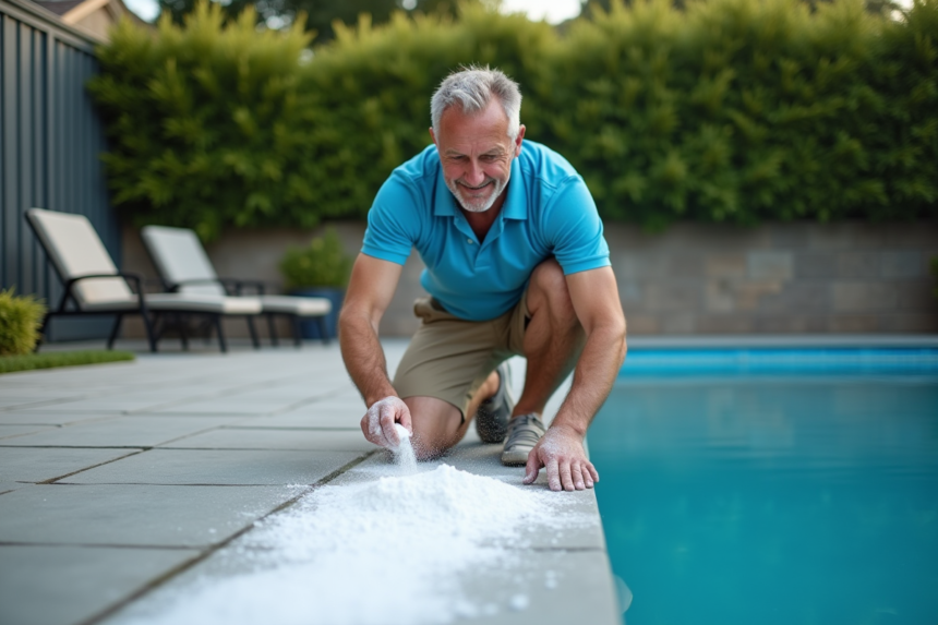 Homme en polo bleu et shorts nettoyant la piscine