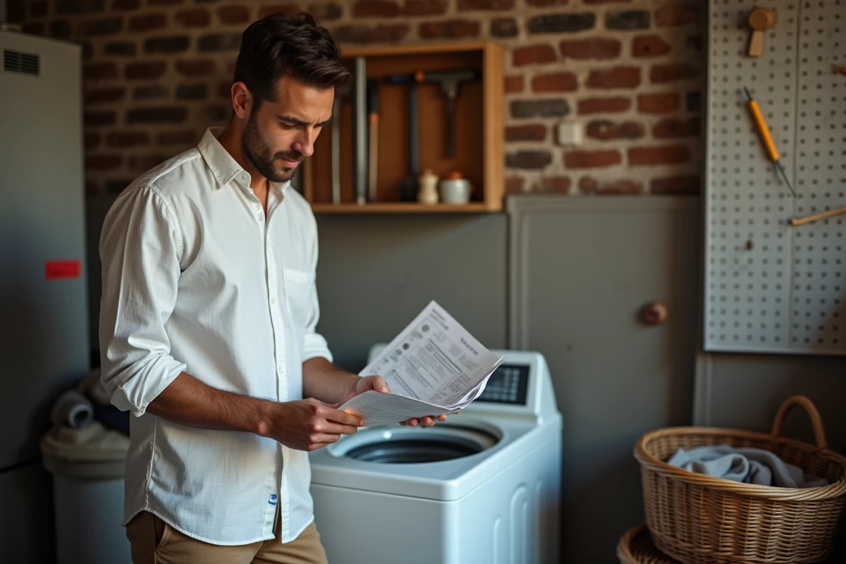 Homme consultant la notice d'une machine à laver pour comprendre les symboles de séchage et d'utilisation du tambour