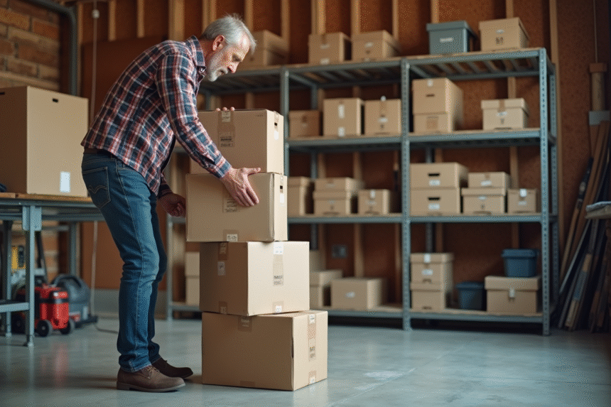Homme organisant des cartons dans un garage spacieux