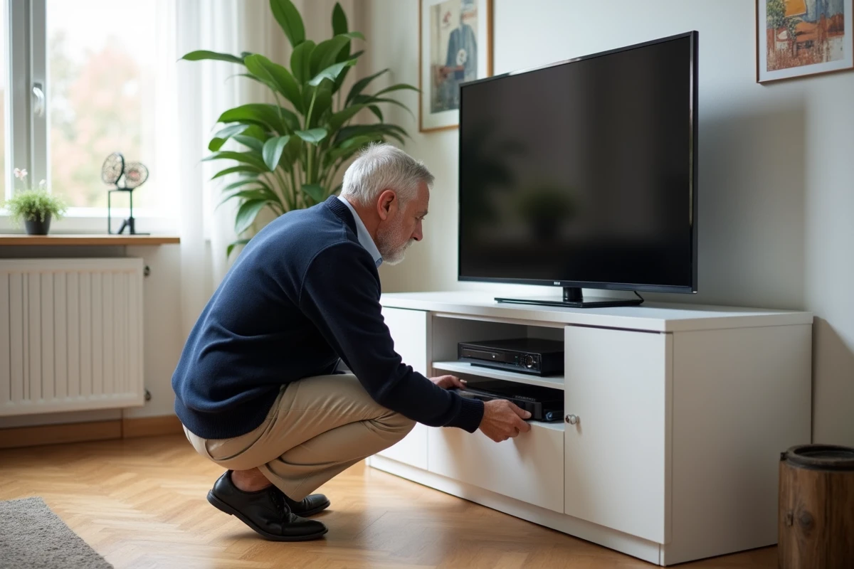 Homme âgé organisant appareils multimédia dans un salon lumineux
