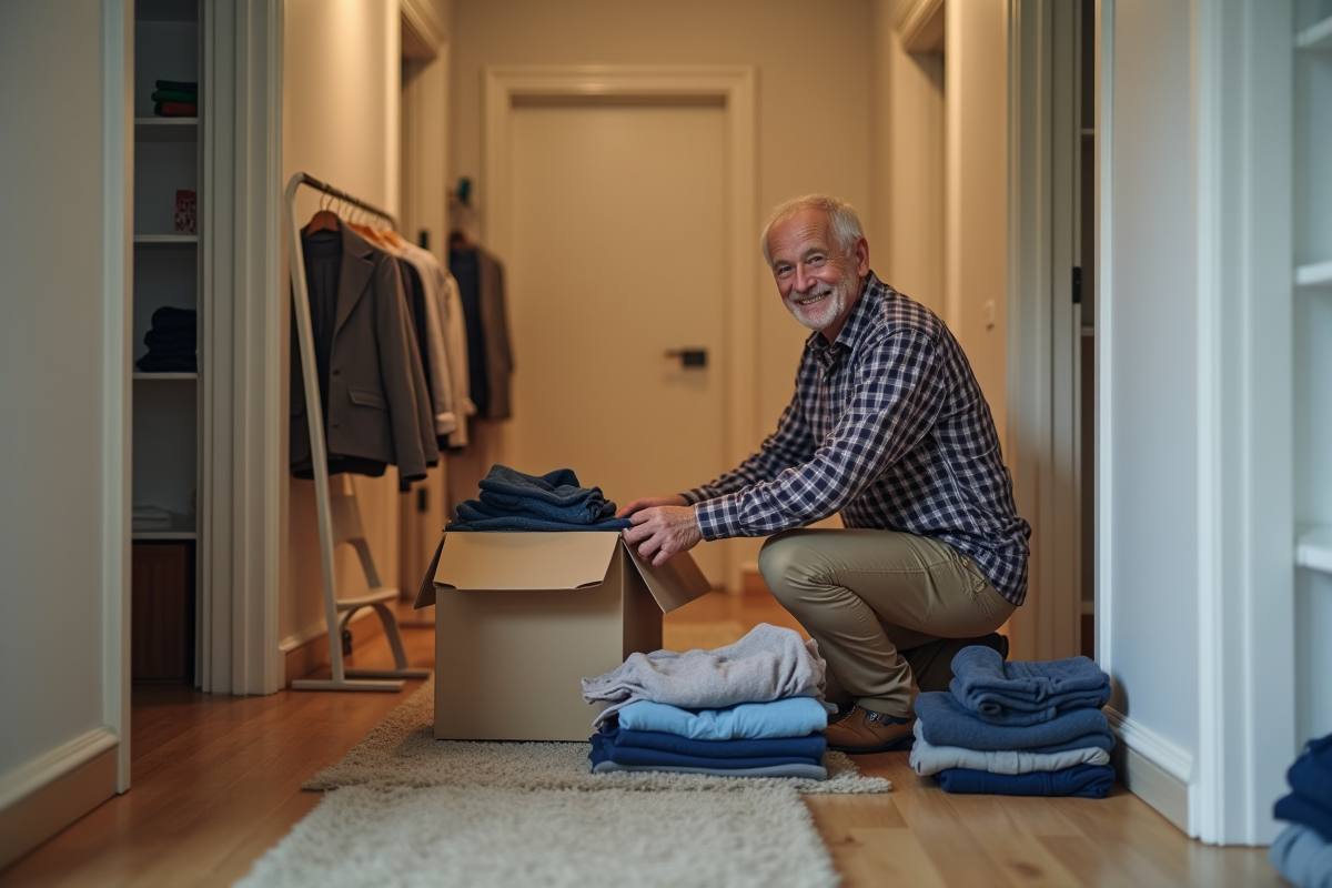 Homme arrangeant des vêtements dans une boîte de déménagement