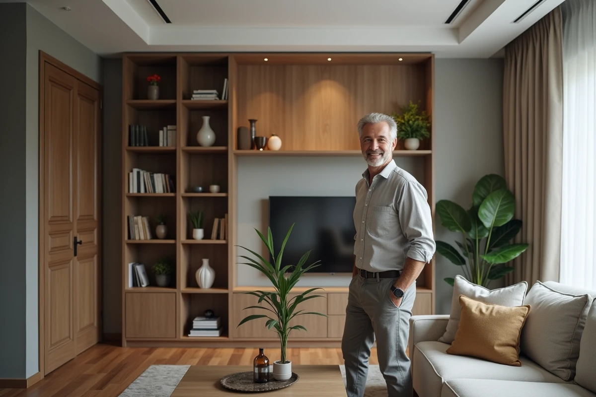 Homme ajustant une plante verte dans un salon élégant