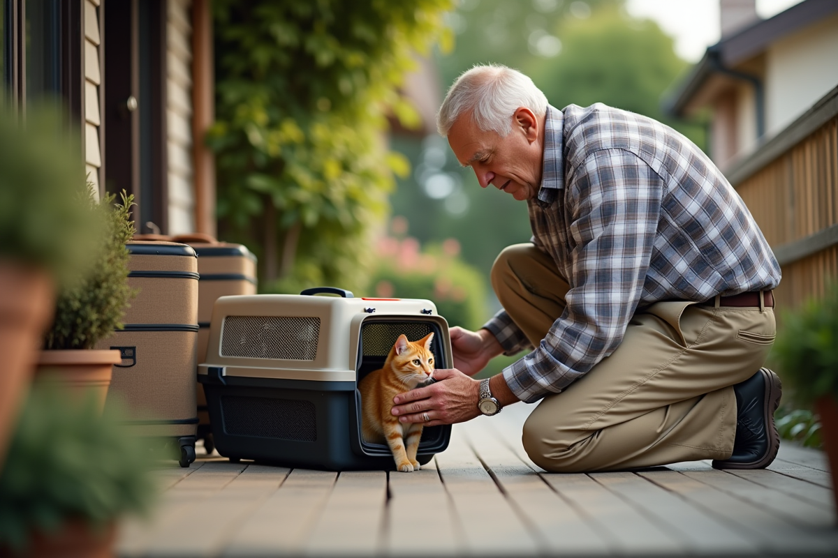 Homme âgé aidant un chat orange dans une cage sur la terrasse