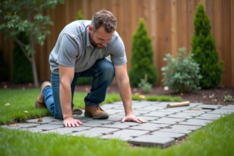 Homme en jeans et polo pose des pavés dans le jardin