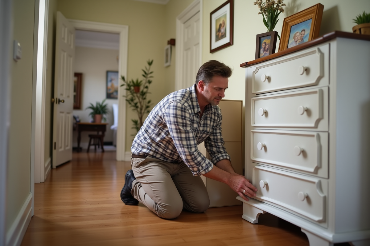 Homme posant des protections sur un coffre en bois dans un couloir
