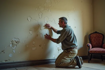Homme d'âge moyen inspectant un mur humide et dégradé