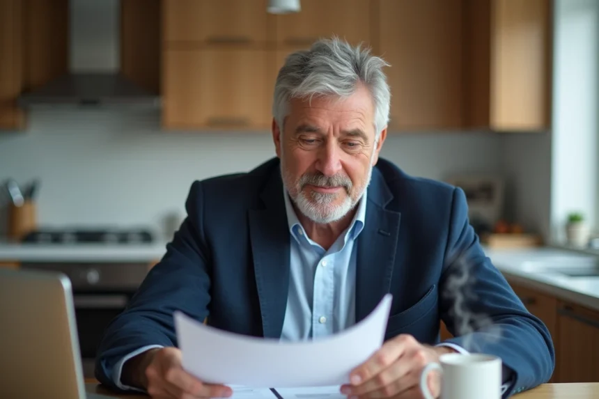 Homme d'âge moyen relisant un document dans une cuisine moderne