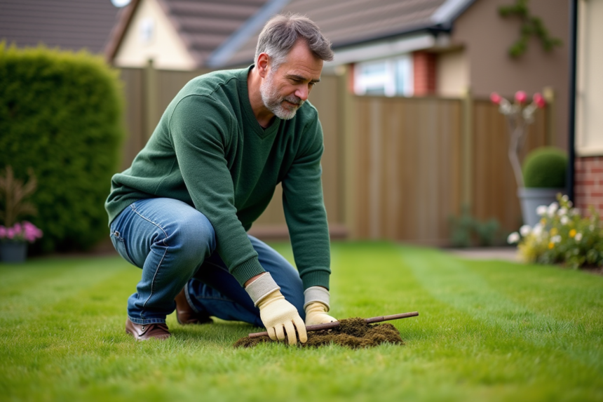 Homme en jeans et pull vert ratisse la mousse dans le jardin