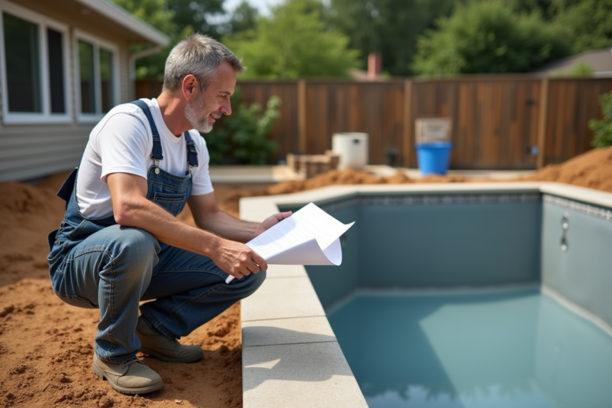 Homme en overalls examine plans de piscine en construction