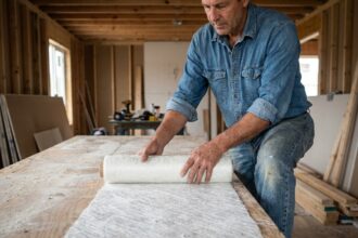 Homme unrollant du mat fiberglas dans un chantier moderne