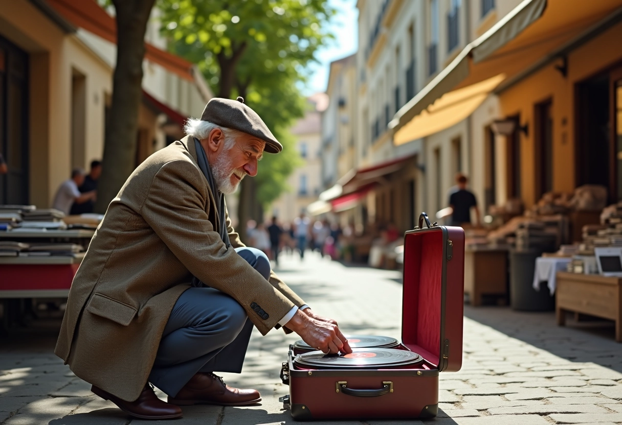 Homme âgé recherchant des vinyles dans une brocante à Montpellier