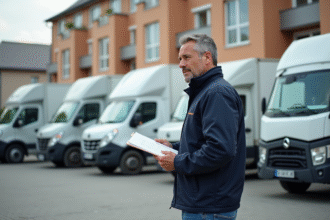 Homme d'âge moyen inspectant un camion de déménagement