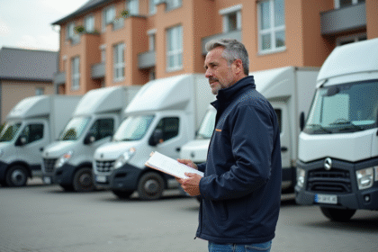 Homme d'âge moyen inspectant un camion de déménagement