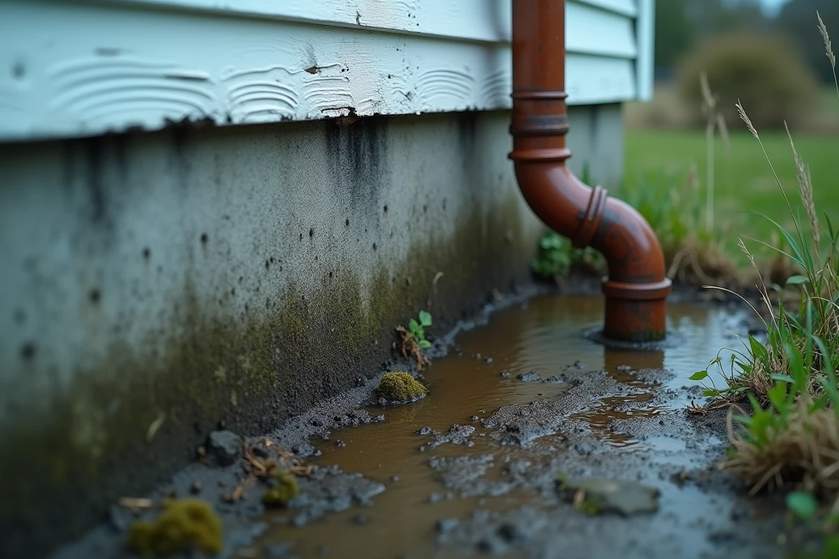 Détail de fondations en béton fragilisées par l'humidité avec efflorescence et accumulation d'eau de pluie contre la base d'une maison