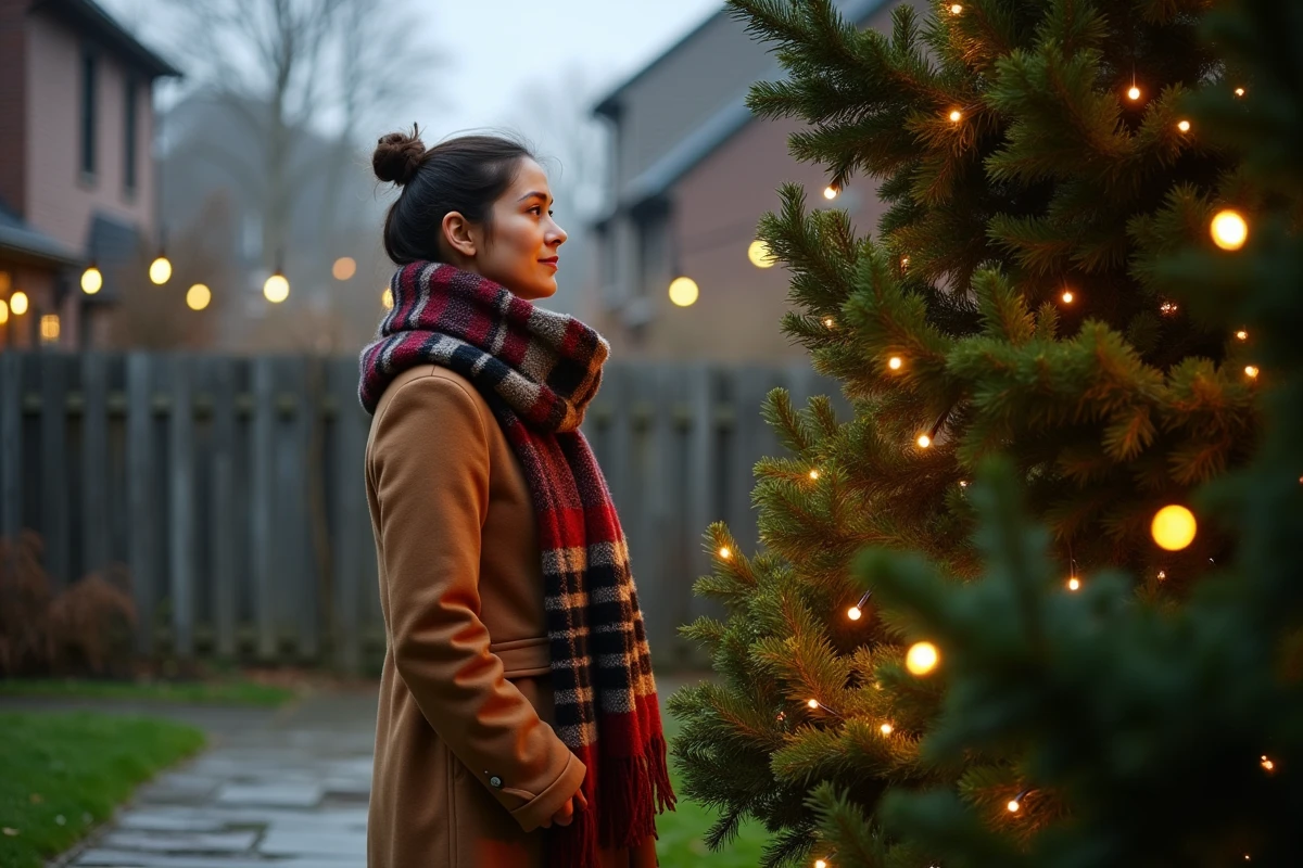 Femme admirant des illuminations de Noël extérieures professionnelles installées sur un arbuste de jardin