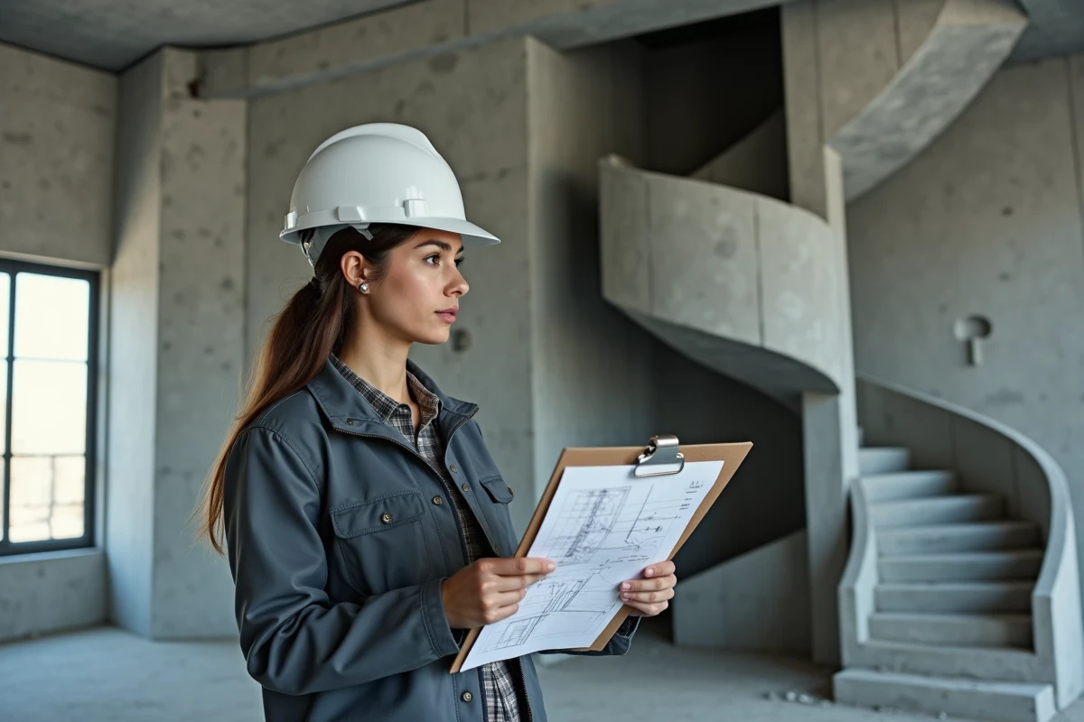 Ingénieure en génie civil étudiant les volumes cachés d'un escalier hélicoïdal en béton intérieur