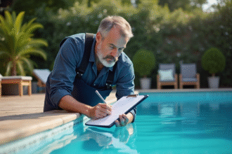 Spécialiste de la piscine inspectant le bord d'une piscine extérieure