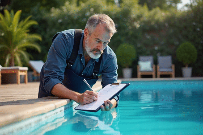 Spécialiste de la piscine inspectant le bord d'une piscine extérieure