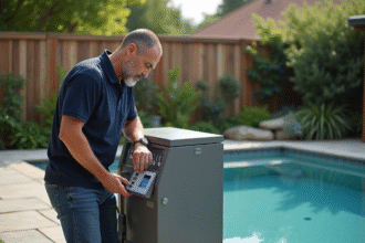 Homme inspectant une pompe à gaz pour piscine dans un jardin