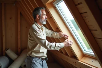 Homme inspectant une fenêtre de toit VELUX dans un grenier en rénovation pour choisir le bon modèle à prix réduit