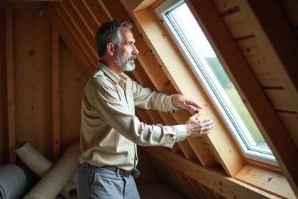 Homme inspectant une fenêtre de toit VELUX dans un grenier en rénovation pour choisir le bon modèle à prix réduit