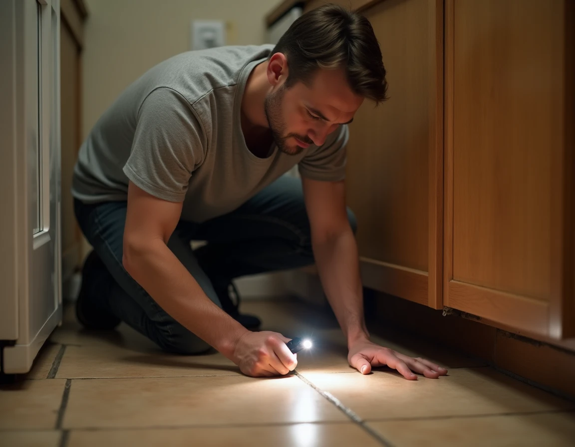 Personne en train d'inspecter un coin de cuisine avec une lampe de poche pour détecter des nuisibles ou insectes cachés