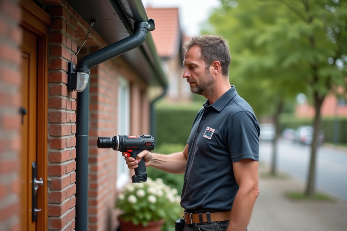 Technicien installant une caméra de télésurveillance Verisure sur la façade d'une maison résidentielle