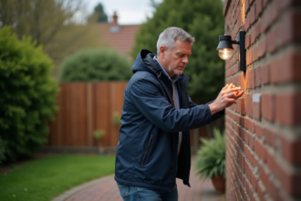Homme installant une ampoule LED sur une lampe extérieure