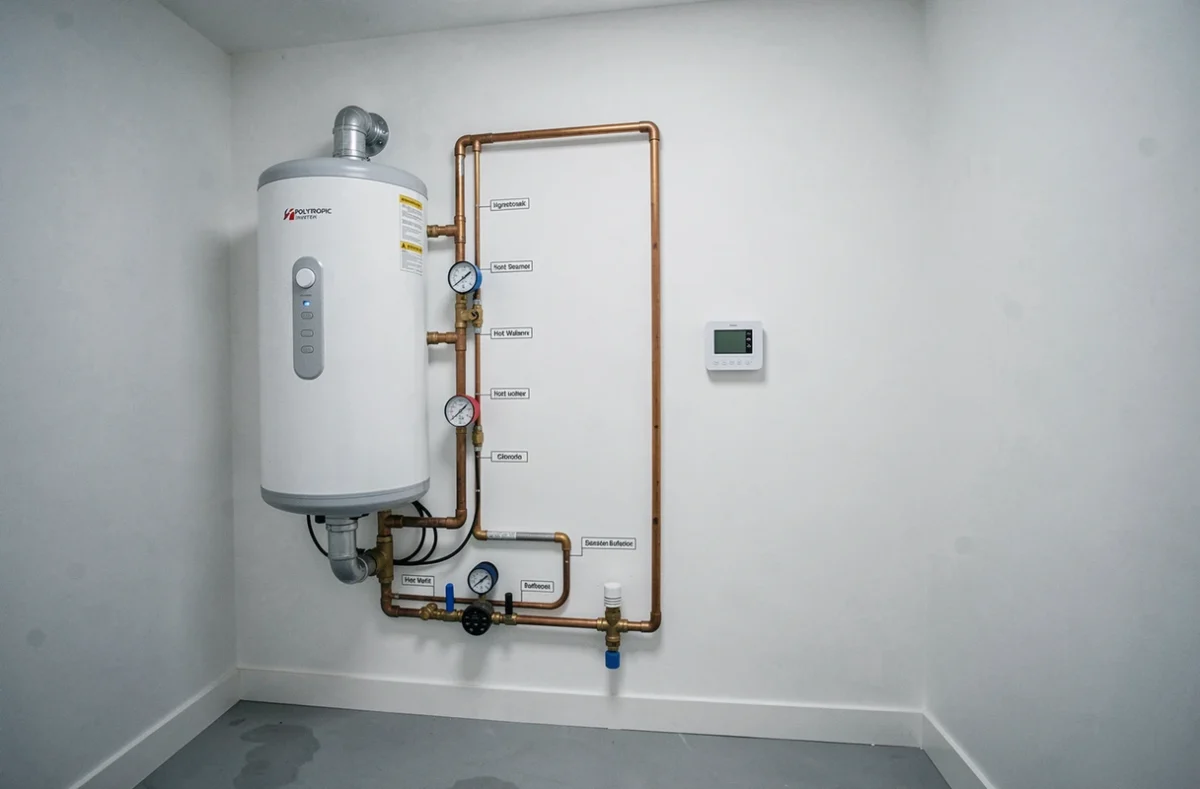 Installation intérieure d'une pompe à chaleur Polytropic Inverter avec ballon tampon et réseau de tuyauterie cuivre dans une chaufferie