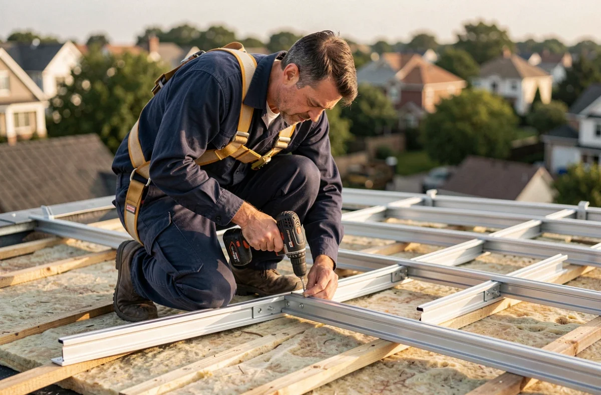 Technicien en train d'installer un système de fixation pour kit solaire 3 kW sur une toiture résidentielle