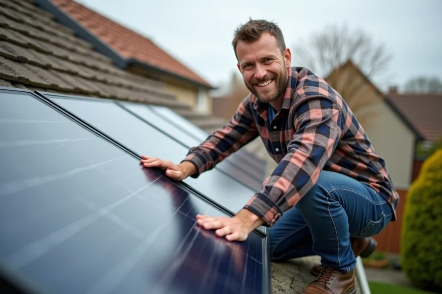 Homme installant un panneau solaire sur un toit résidentiel