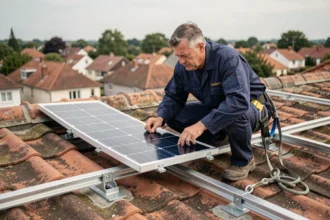 Technicien installant des panneaux solaires monocristallins sur le toit d'une maison individuelle