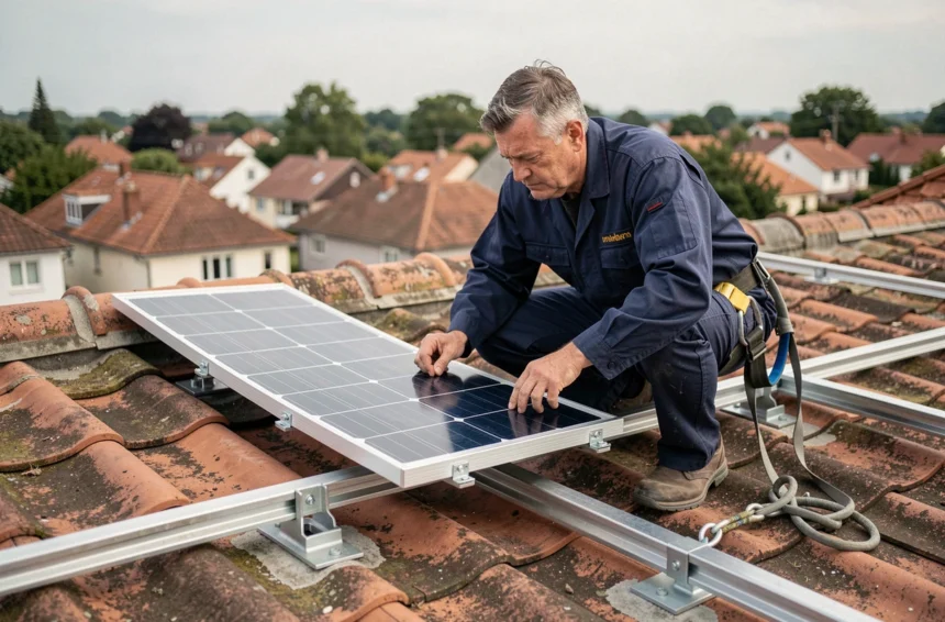 Technicien installant des panneaux solaires monocristallins sur le toit d'une maison individuelle