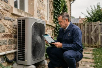 Technicien HVAC installant une pompe à chaleur air-air sur la façade d'une maison en pierre française, remplacement chaudière fioul