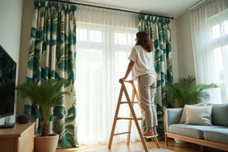 Femme installant un rideau occultant à motif géométrique végétal dans un salon moderne scandinave