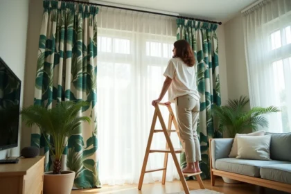 Femme installant un rideau occultant à motif géométrique végétal dans un salon moderne scandinave