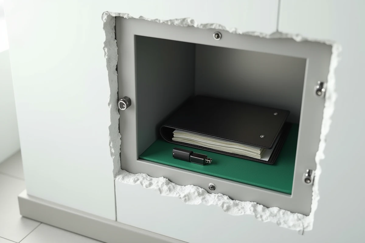 Intérieur d'un coffre-fort scellé dans un mur avec documents et objets de valeur rangés