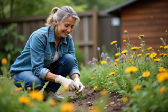 Femme jardinant en pleine nature avec fleurs sauvages