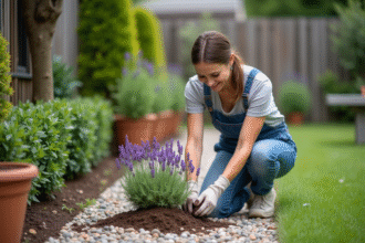 Femme jardinière plantant une lavande dans le jardin