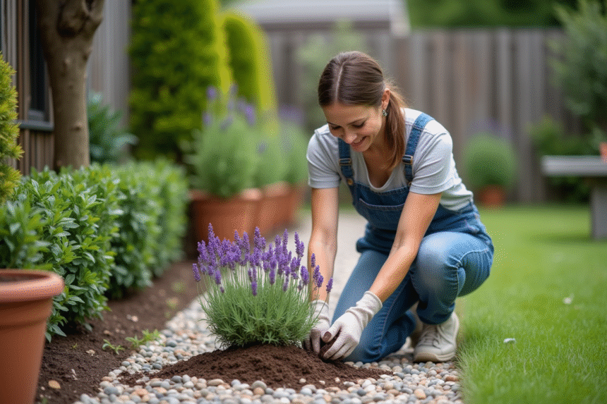 Femme jardinière plantant une lavande dans le jardin