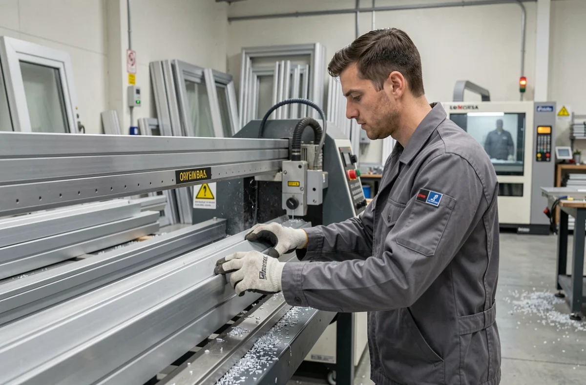 Fabricant aluminium de Jeannin Aluminium Sarl découpant des profilés de fenêtres dans un atelier industriel du Var